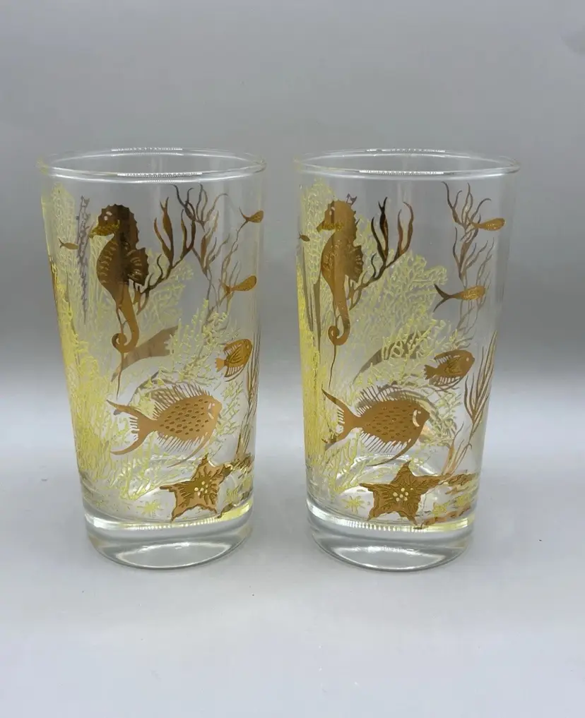 As Is Bartlett Collins Under The Sea 22K Gold Gilt Glass Tumblers Mid Century