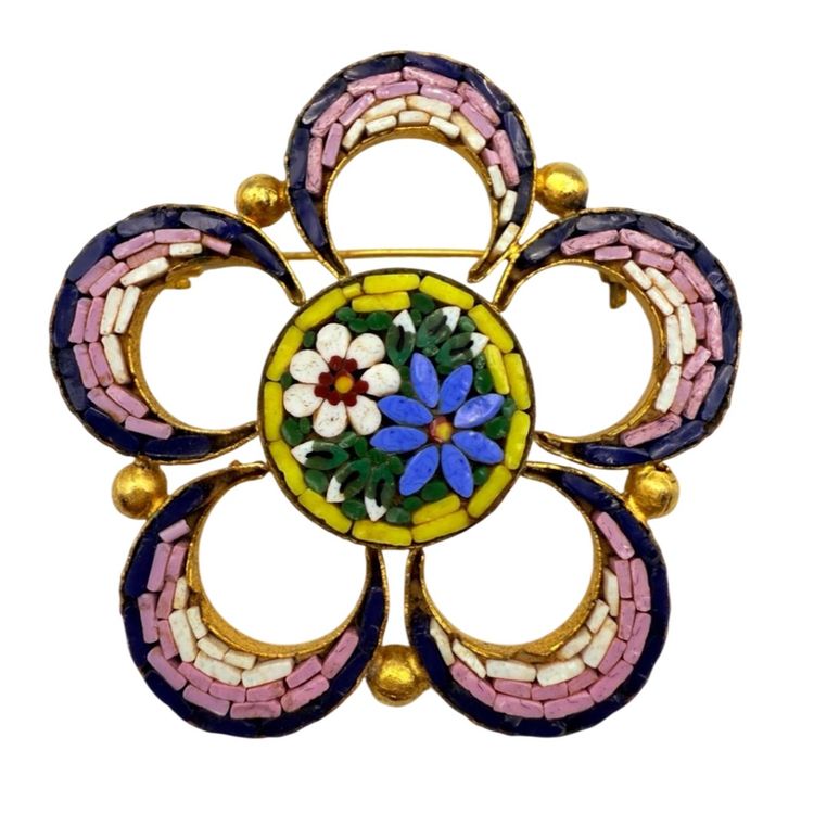 Large Flower Micro Mosaic Brooch Open Work 2" Purples Multi Color Gold Tone 5 Petals Italy