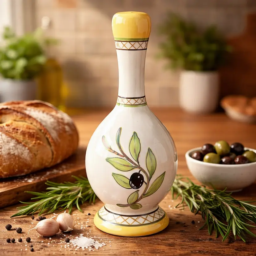 Julia Junkin Studio Olive Oil Vase Decanter, Hand Painted Porcelain, 8.5" Tall