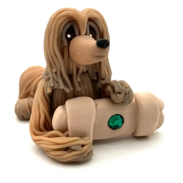 BIN - Vintage Cecile Baird Polymer Clay Afghan Hound Dog Spaghetti Hair Bone Signed 3” -some uV GLOW