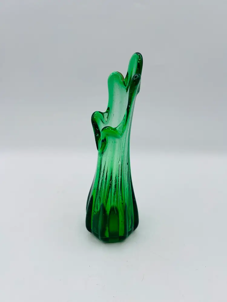 Vintage Green 5 Finger Swung Art Glass Vase 7.5” Stretch MCM