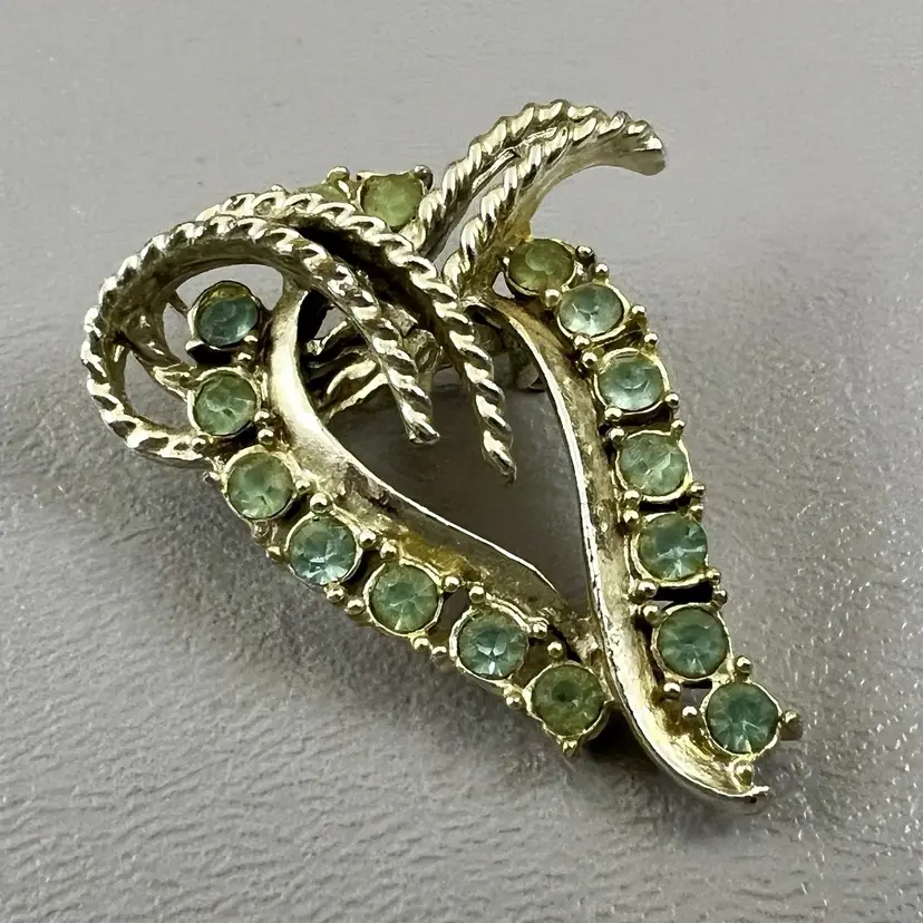 Vintage Gold Tone Leaf Brooch Green Rhinestone Pin Mid Century Floral Jewelry 2" Openwork