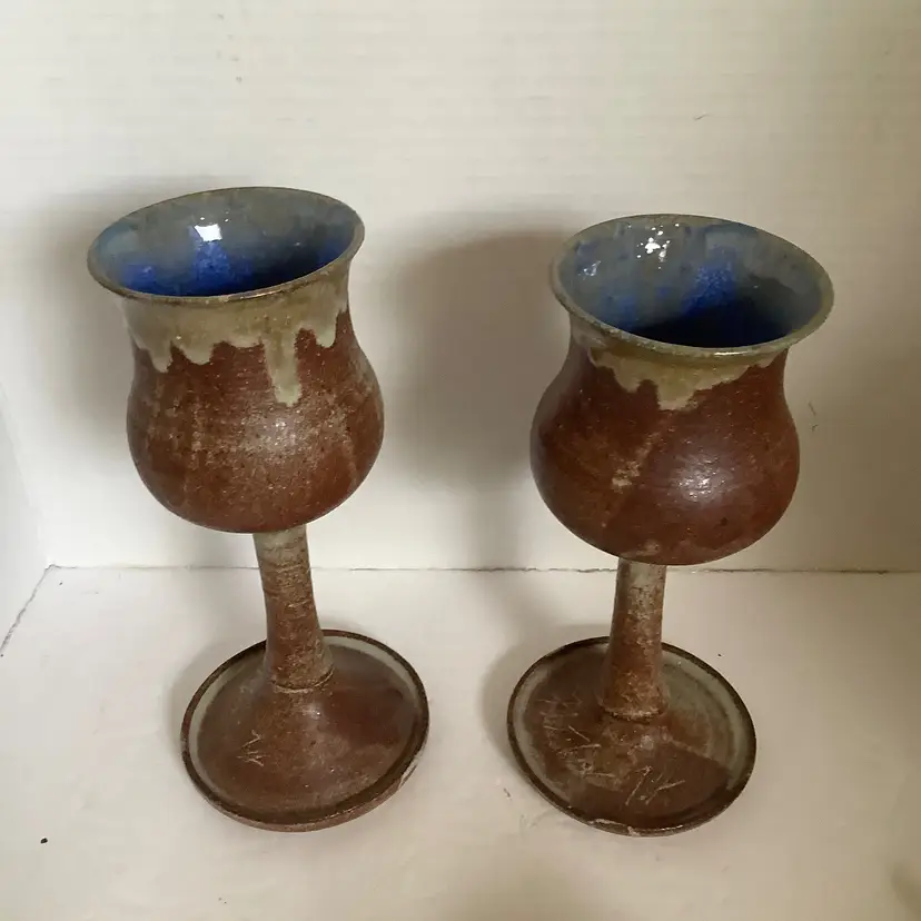 Two earth tone hand thrown pottery goblets/chalices