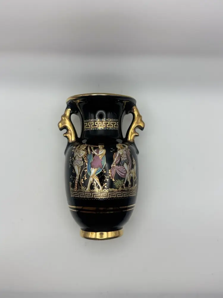 Small Black Vase With Gold Accents & Hand Painted Scenes From Greek Mythology - Modern Reproduction Made In Greece 7”