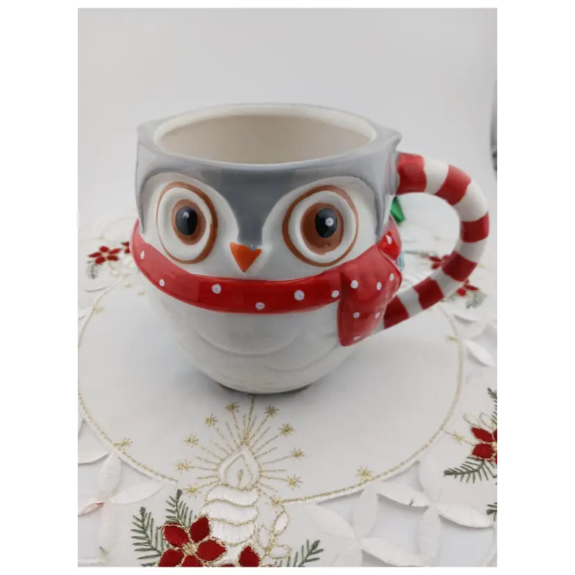 Christmas Owl Coffee Mug - Owl dressed up with Candy Cane handle made by B.W. Co.