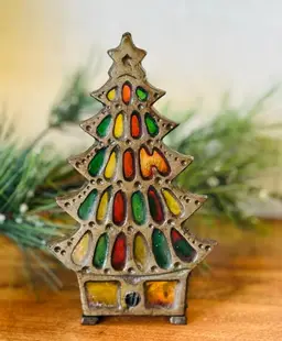 #01 - Vintage Stain Glass & Metal Christmas Tree Tea Light holder Taiwan 5.5" tall
