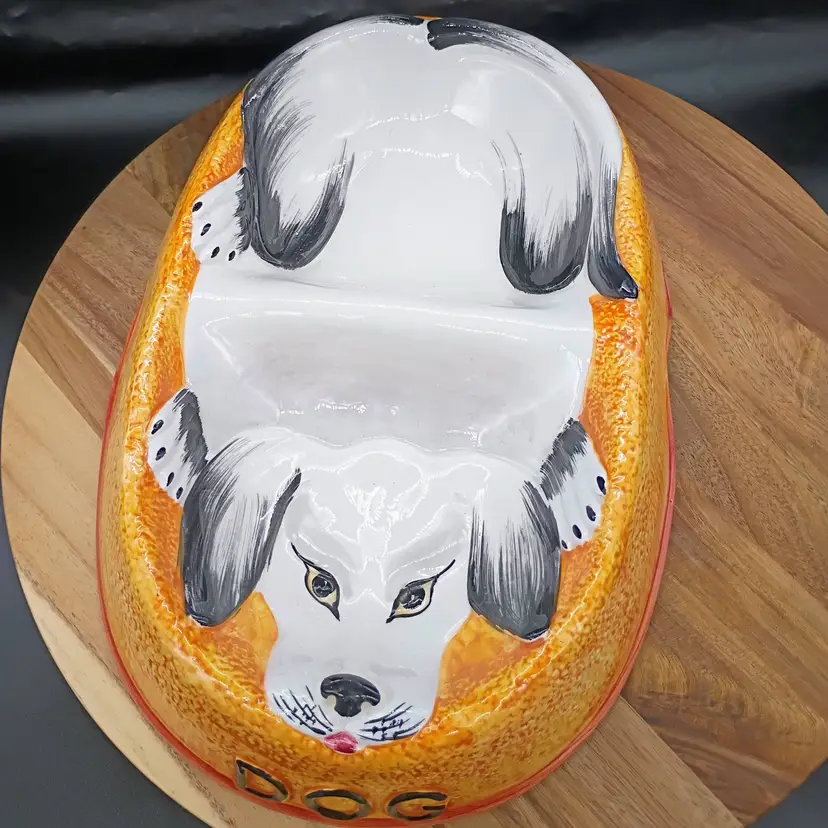 Italian Art Pottery Double Bowl Dog Pet Food Dish Majolica.