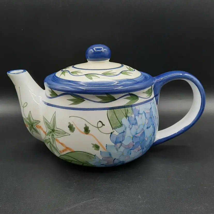 Blue, Green & White Floral Hydrangea Lidded Ceramic Teapot