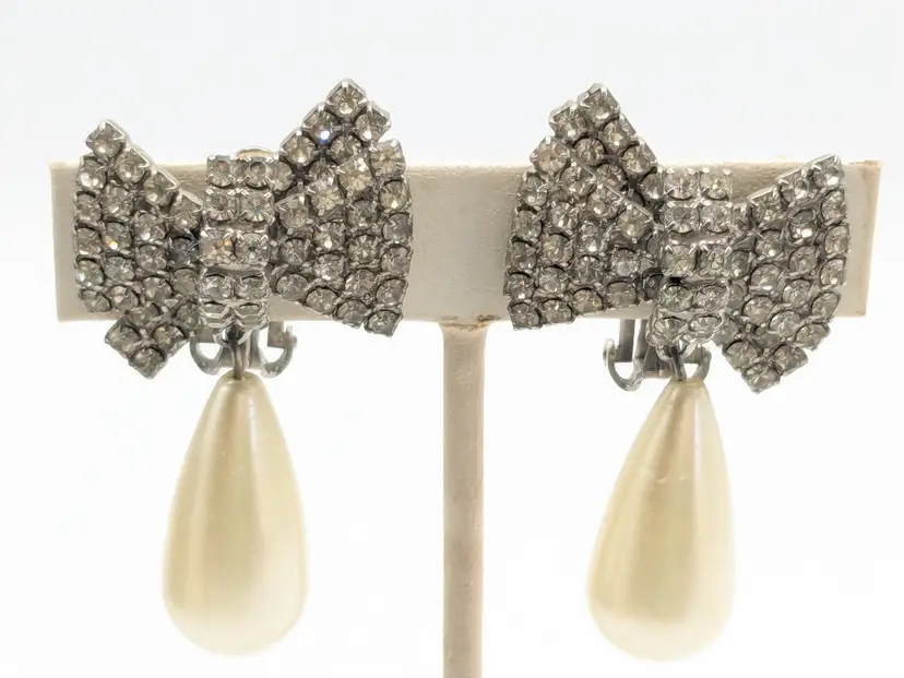 Vintage Silver Tone Rhinestone Bow Clip-On Earrings Faux Pearl Drops Bridal