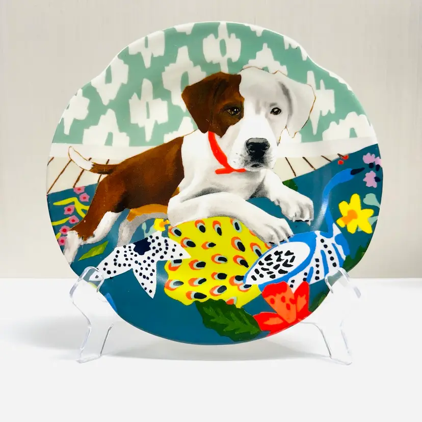 Anthropologie Mae Flowers Jay McClellan Studio Dog in Flowers Plate