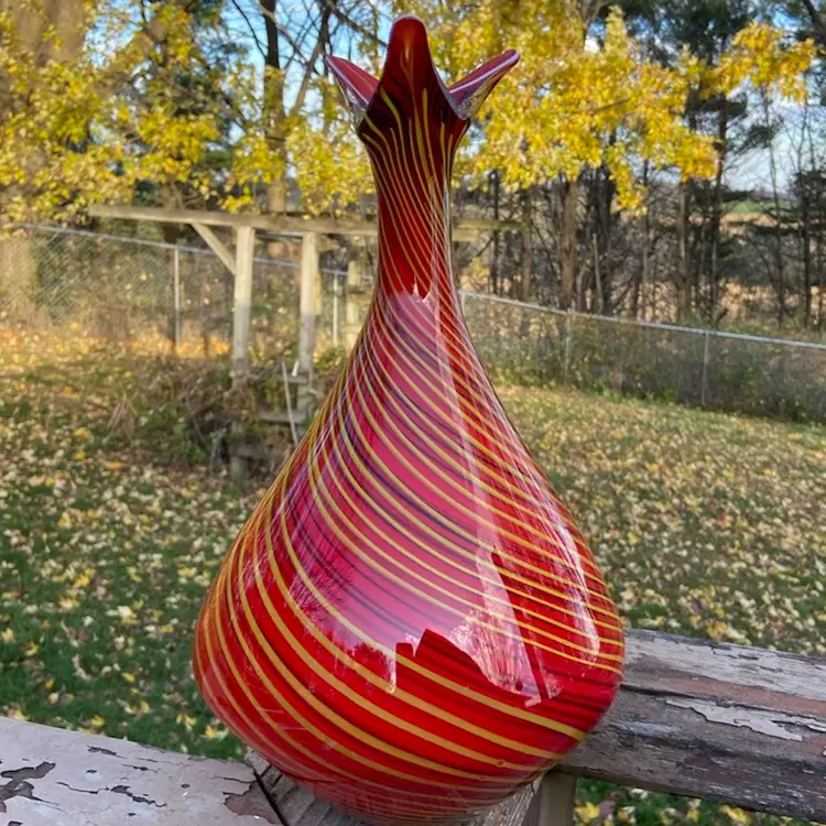 Red, Yellow & Black Swirl Art-glass Vase. 13”h.