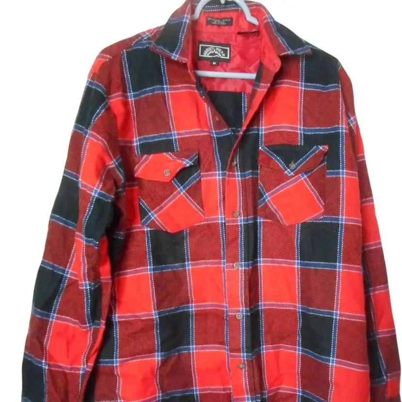 Vintage Sz M blue black Red Plaid long sleeve button front Shirt Rugged Wear