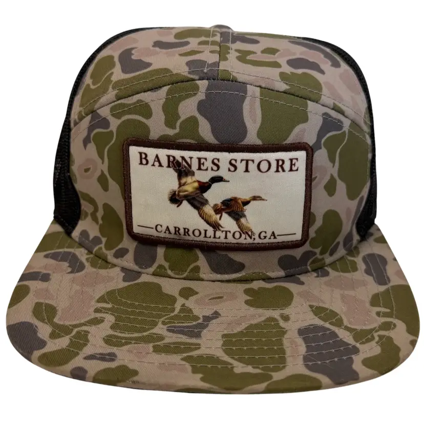 Barnes Store Mallard Patch 7 Panel Flat Brim Trucker Snapback In Bark Duck Camo