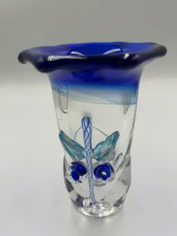 Vintage Cobalt Blue Fluted Art Glass Vase Signed by artist