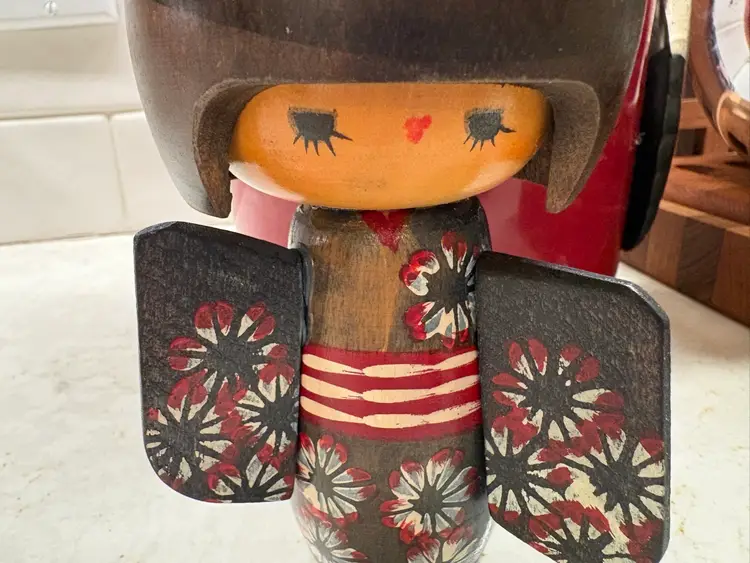 Japanese Kokeshi Wooden Doll Asakusa Girl Vtg Cherry Blossoms Kimono Crafts