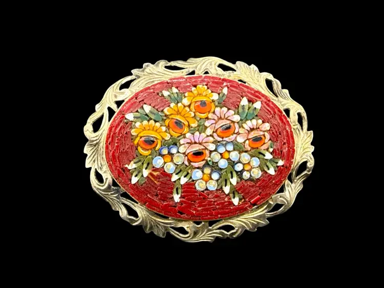 800 Silver Micro Mosaic Brooch Red Multicolor Openwork Border Hallmark 1 1/2"