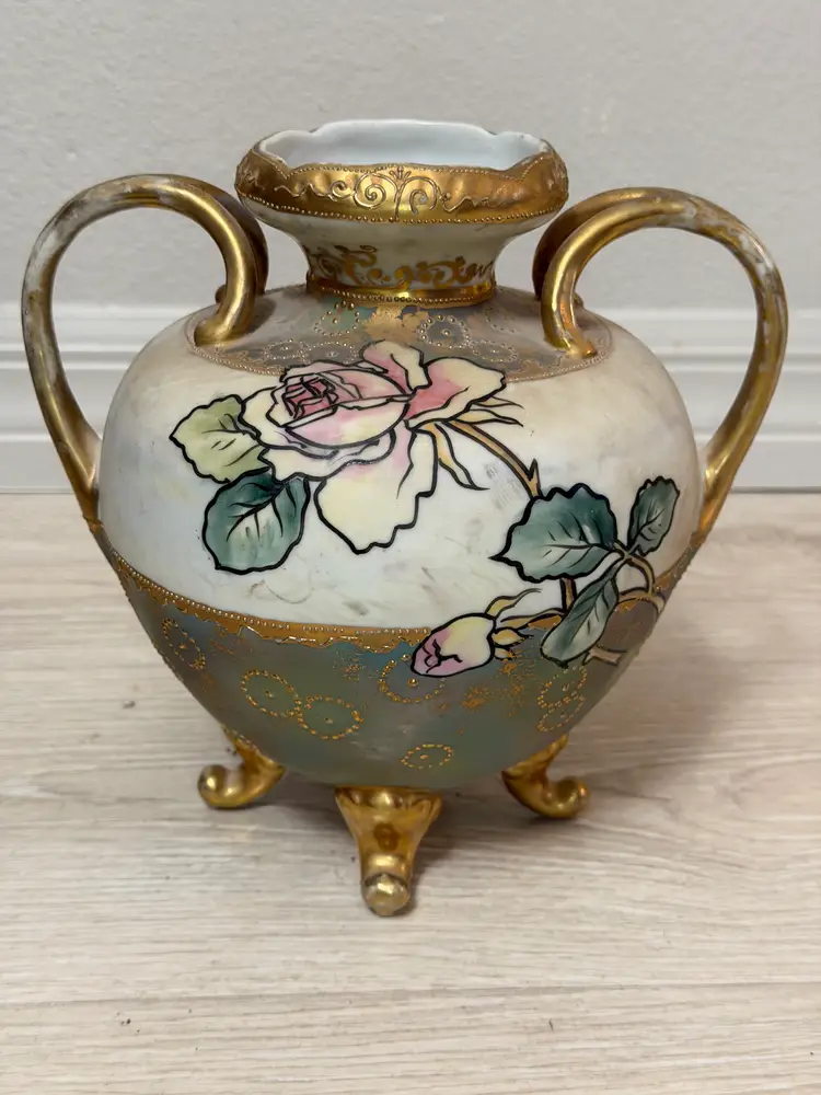 Nippon Porcelain Hand Painted Vase Blue Maple Leaf Mark 19th Century