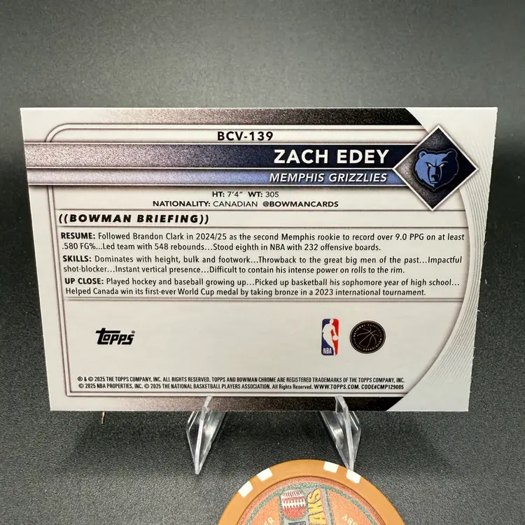 Zach Edey #/299 2025-26 Bowman Basketball Memphis Grizzlies