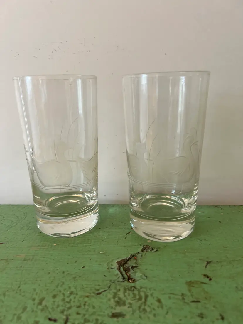 MCM Etched Duck Highball Drinking Glasses. Swan, Goose, Mid Century Modern