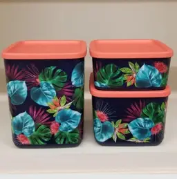 Tupperware Square Rounds Storage Containers Set 3 Hawaiian Tropical Nesting SML