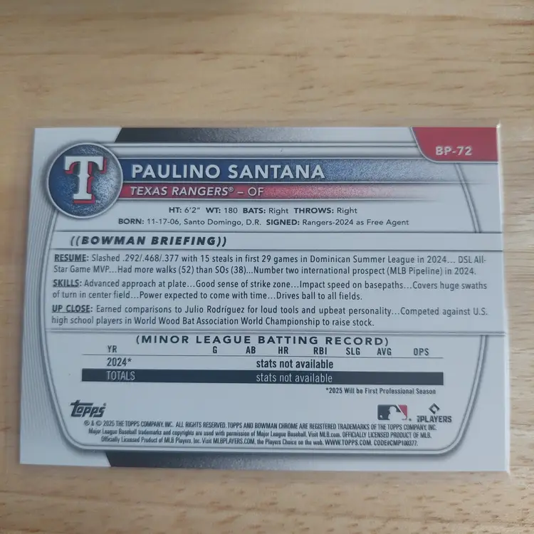 Paulino Santana Prospect Card. Texas Rangers.