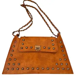 Women's Brown Studded Shoulder Crossbody Bag Twist-Lock Closure Vegan Leather