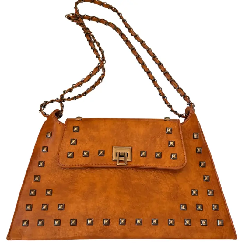 Women's Brown Studded Shoulder Crossbody Bag Twist-Lock Closure Vegan Leather