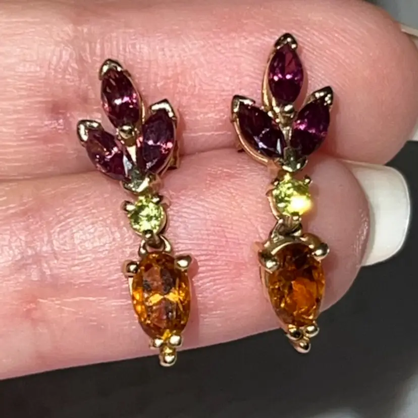 14K Yellow Gold Amethyst, Citrine & Peridot Earrings 3/4” Drop, Pierced