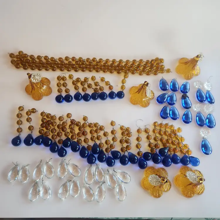Vintage Lamp Parts 72 pc Blue Amber Glass Chandelier Bead Strands Flower Bell Smooth Crystal Teardrop