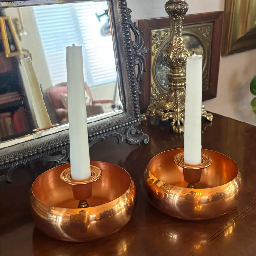 🐇Vintage Coppercraft Guild Round Bowl Candle Holder Pair