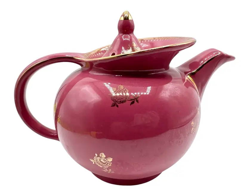 Vintage Hall Teapot Pink Rose Mauve Gold Floral 6 Cup Windshield #0694 USA 6”