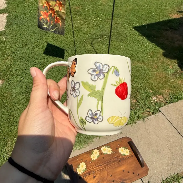 Anthropologie G Initial Butterfly Strawberry Coffee Tea Mug