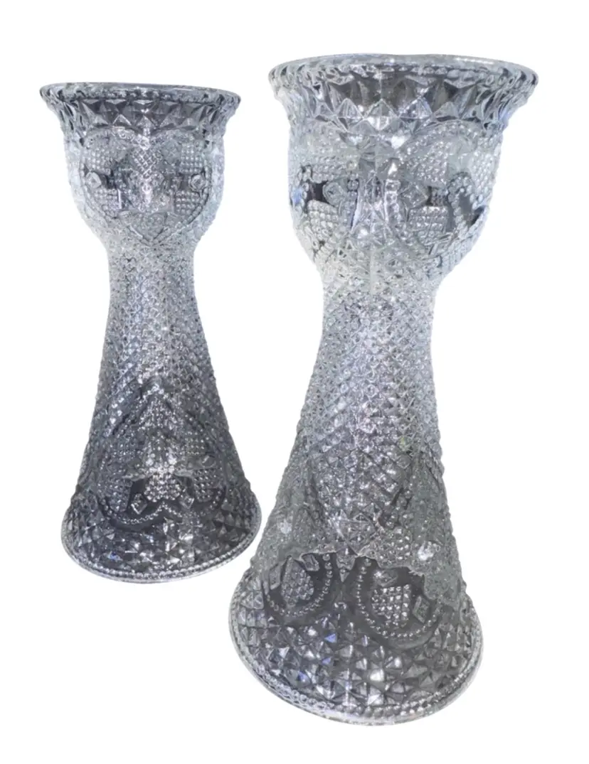 Avon Fostoria Glass Candle Stick Pillar Holders Hearts Diamonds 1979 Vintage