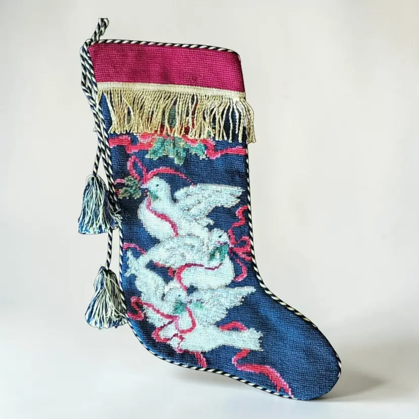 Imperial Elegance Needlepoint Christmas Stocking Doves Tassels Fringe 18" Vtg
