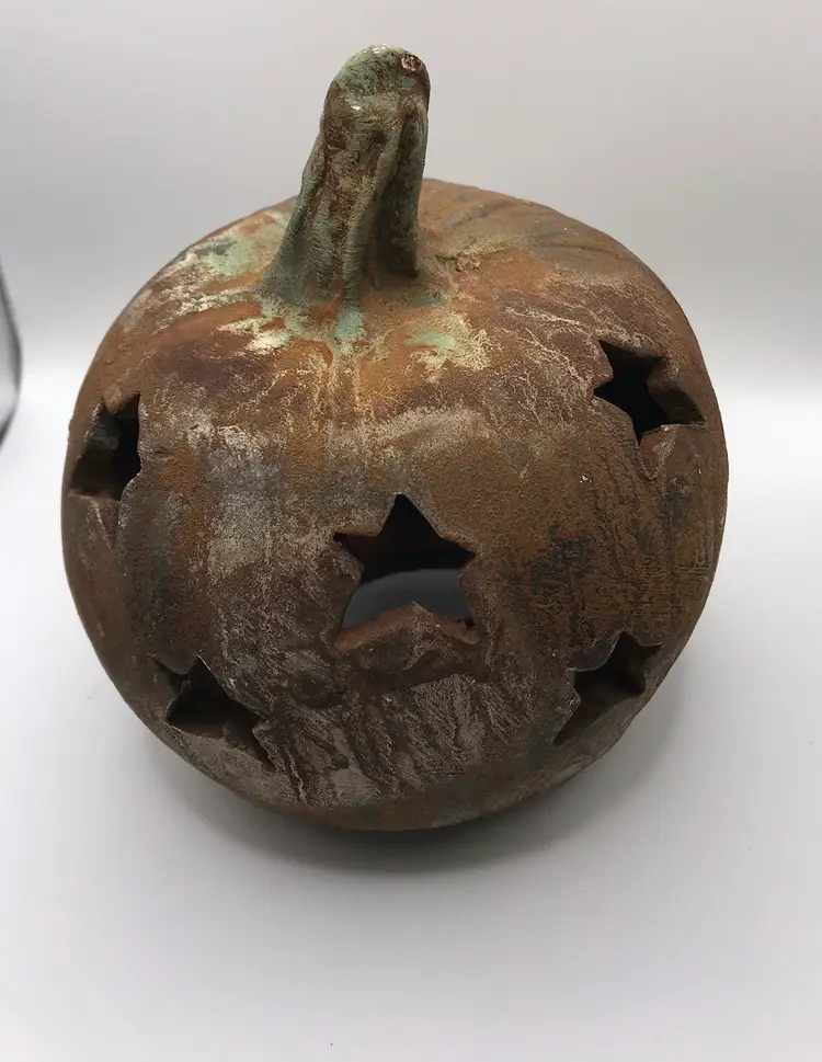 Rustic Pumpkin Jack O Lantern Terra Cotta W Star Cutouts Halloween Decoration