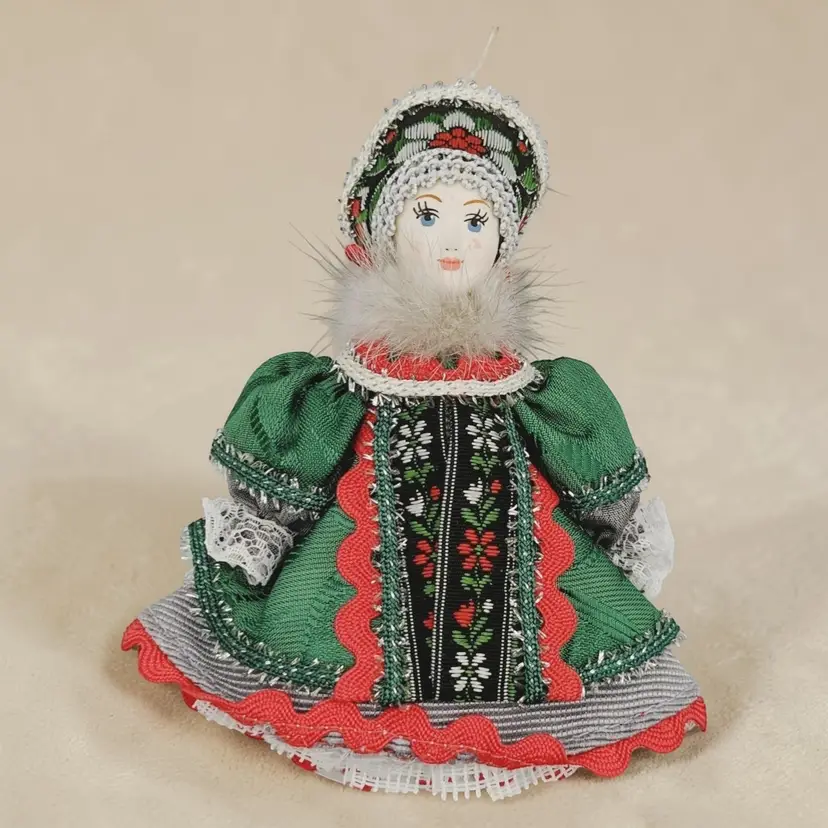 Vtg Porcelain Russian Doll Ornament Traditional Costume Dress Green Red Silver