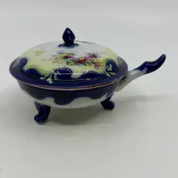 Vintage Antique Nippon Porcelain Covered Bowl Cobalt Blue Hand Painted Floral Pattern Moriage Enameled Decorations Sugar Or Trinket Dish Maker’s Mark READ