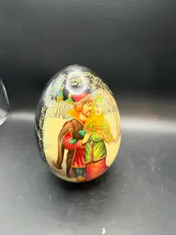 Vintage Hand-painted Russian Folk Art Lacquer Egg Depicting A Winter Scene