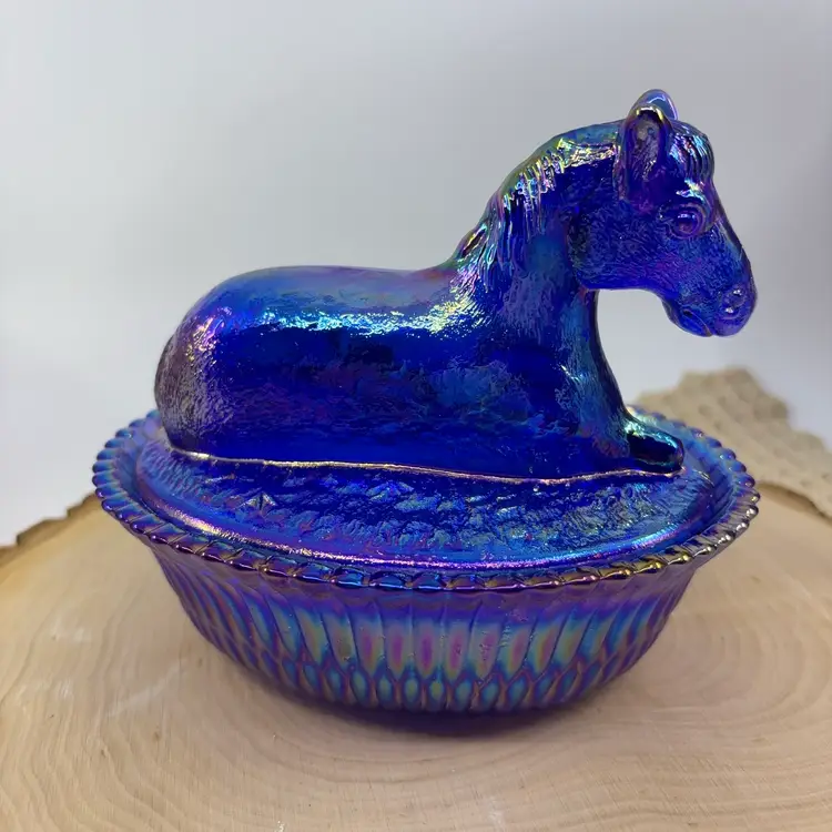 Rosso Glass Blue Carnival Horse On A Nest 5.25”
