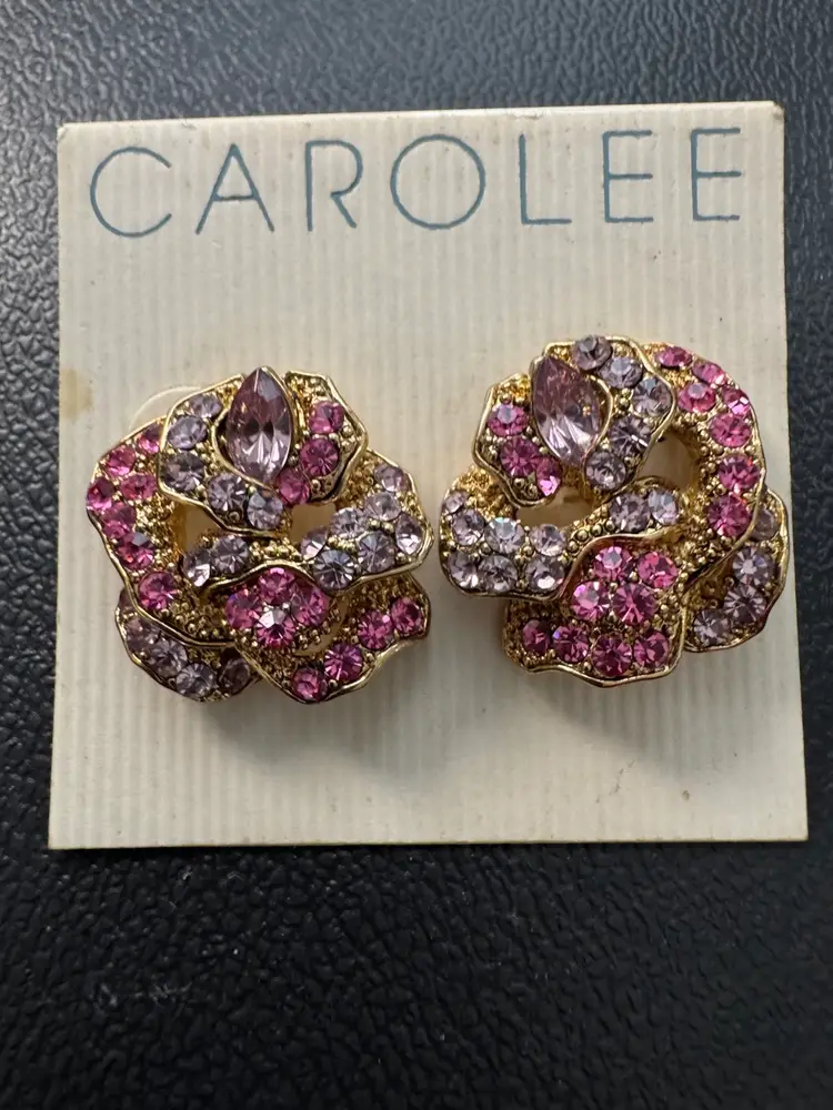 Carolee Vintage Pink Pave Post Art Nouveau Rhinestone Earrings - New Old Stock