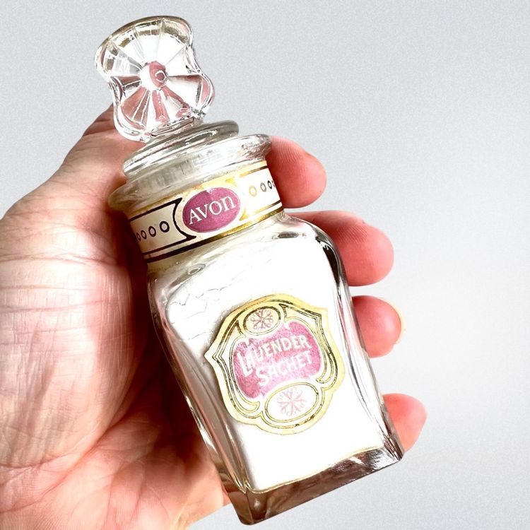 Vintage Avon ‘Lavender Sachet’ Powder In Glass Apothecary Jar. Unsealed- For Display Purposes Only. 4” x 1-1/2” x 1-1/2”