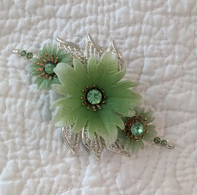 Vintage Mid Century Gold Tone Brooch with Lime Green Celluloid Flowers and Matching Rhinestones