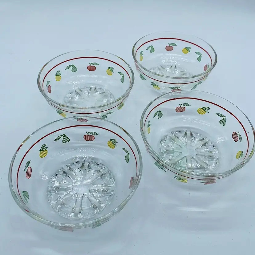 #0120 Four Breakfast Fruit Glass Dishes Retro Clear Glass 1970s Lemon Apple Pear ITALY