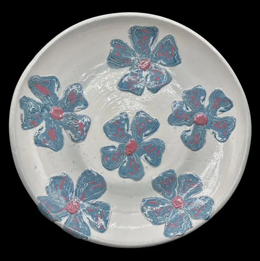 Signed Studio Art Pottery Plate Blue Pink Flower Floral Gray Round 11.5”