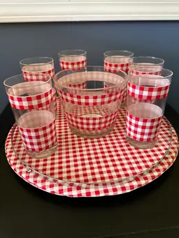 Vintage Picnic Glasses & Ice Bucket Red White Gingham Check Plaid Serving Tray