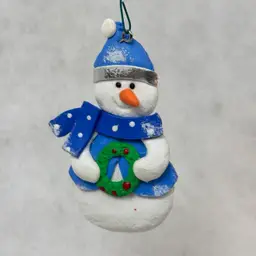 Blue hat snowman - Handmade Polymer Clay Snowman Ornament