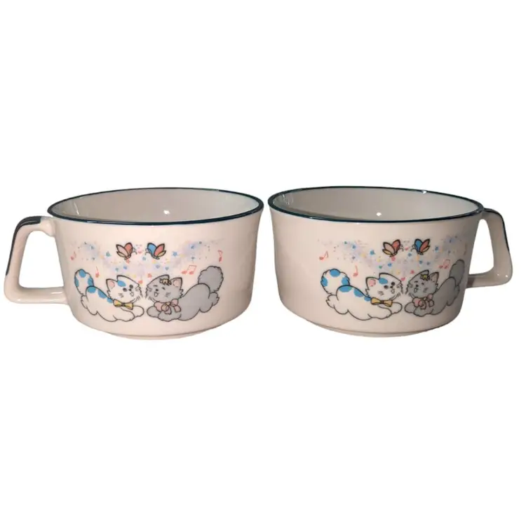 Set of 2 Vintage Cat Mugs Soup Bowls Butterflies Hearts Cats BRC