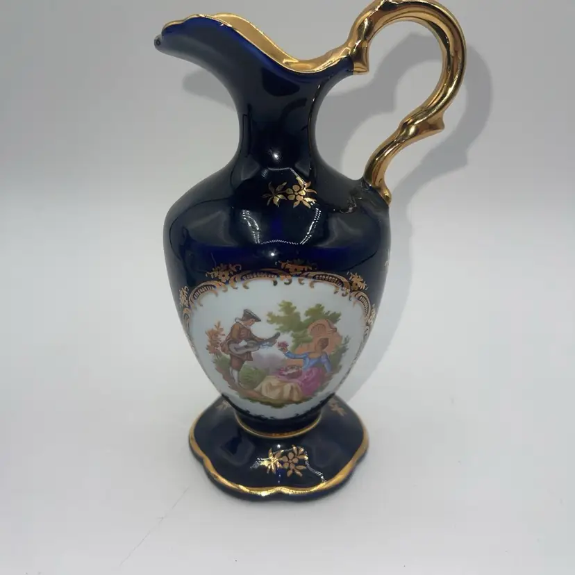 Vintage Limoges/Castel Porcelain Pitcher/Vase – Dark Blue W/Gold Trim Couple