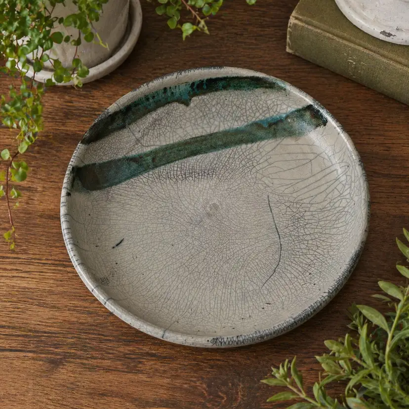 Large 12.5" Shallow Decorative Bowl Raku Style Crackle Effect White Green Blue