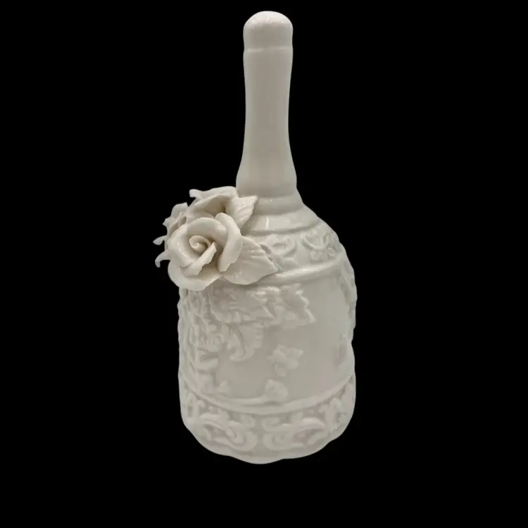 White/Ivory Porcelain Bell, Applied/Sculpted Roses on Bell, Embossed Design